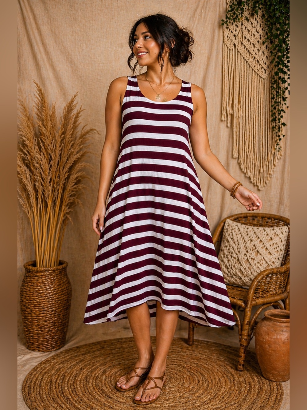 🔥5/$35🔥 Burgundy & White Striped Maxi Dress | Old Navy | Size XXL - Picture 2 of 8